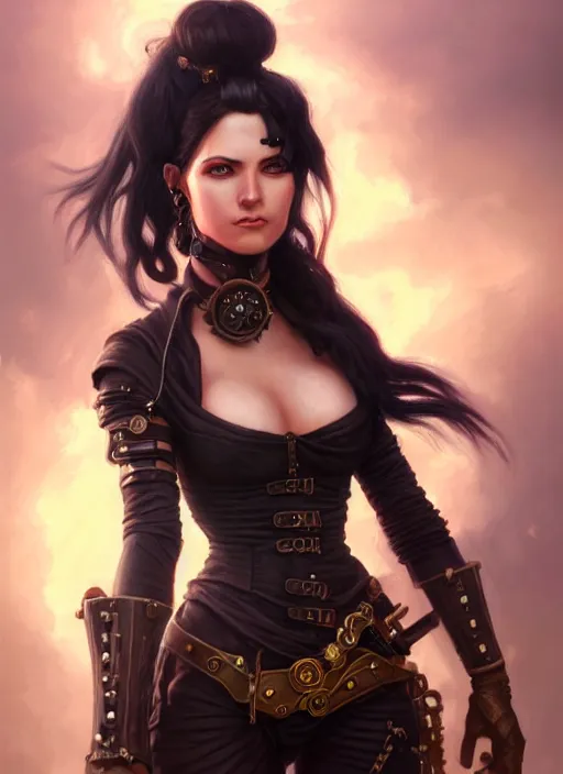 Image similar to a _ fantasy _ style _ portrait _ painting _ of steampunk woman, ponytail black hair, round face, rpg dnd oil _ painting _ unreal _ 5 _ daz. _ rpg _ portrait _ extremely _ detailed _ artgerm _ greg _ rutkowski _ greg