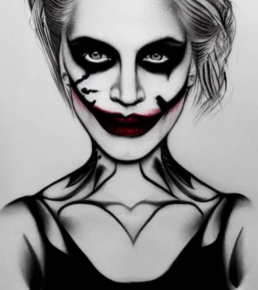 Image similar to tattoo design sketch of a beautiful blonde girl portrait with joker makeup, in the style of den yakovlev, realistic face, black and white, realism tattoo, hyper realistic, highly detailed