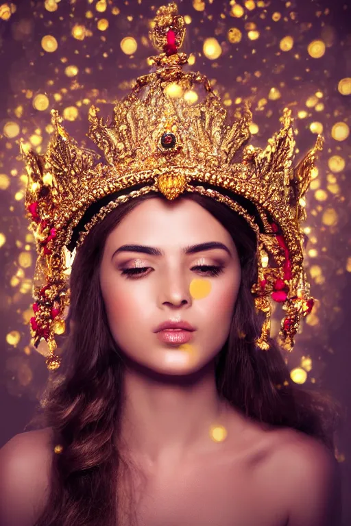 Image similar to beautiful face, gold ornaments around face, crown, flowers in the background, gold beam behind, cinematic lighting, hyper realism,