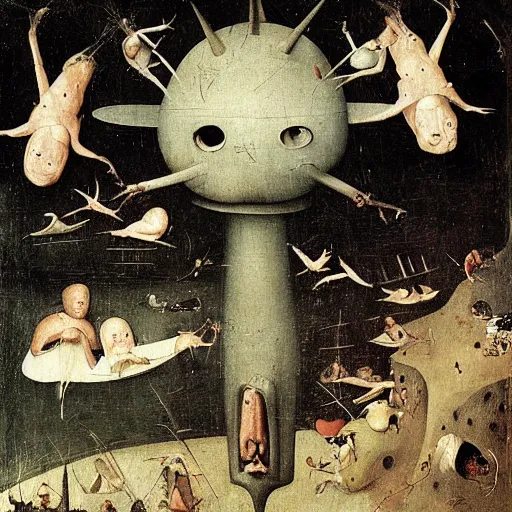 Image similar to absolute void filled with fish people flying and eating frogs, by hieronymus bosch