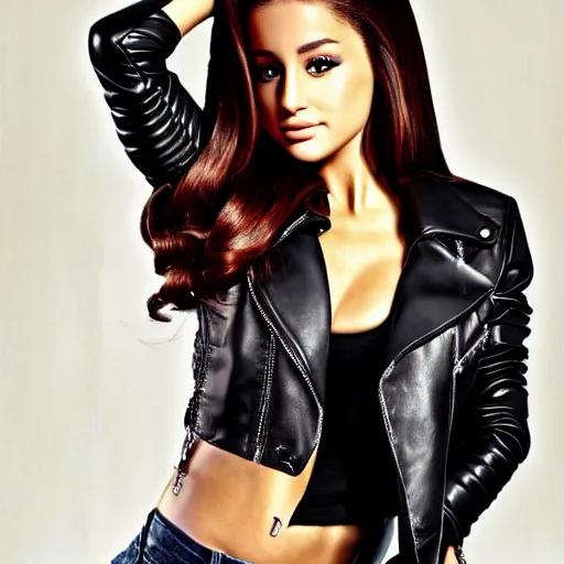 Prompt: young Ariane grande wears a leather jacket and boots, full body shot, sharp focus, photo taken by a nikon, by artgerm