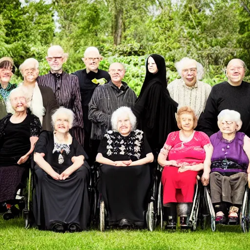 Prompt: an old age home for geriatric goths. photograph group portrait.