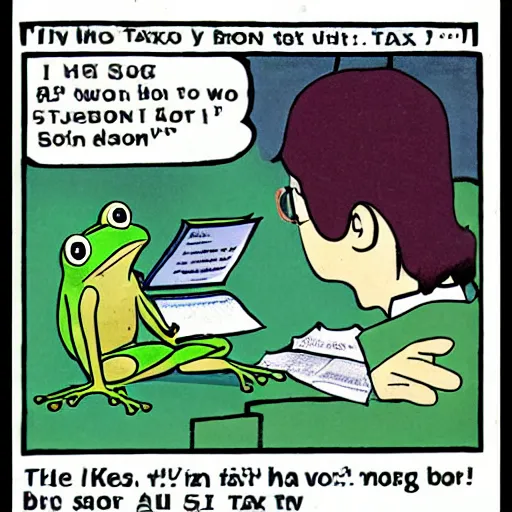 Prompt: frog son learns how to do his taxes colorized archival footage