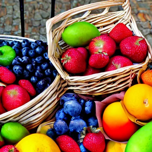 Prompt: Fruits in a basket, photography, detailed