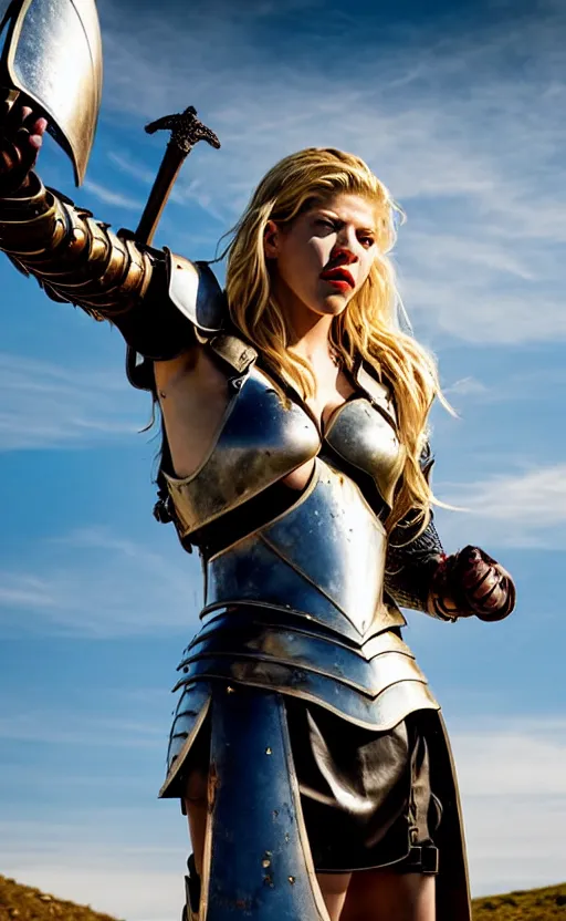 Prompt: katheryn winnick in a knight armor, full plate, photography, movie poster, red lipstick, leather, blood stains, hair in the wind, shiny metal armor, gold, victorious on a hill, battlefield, blue sky, sunshine, lens flare, hard light, full body, sword pointed at sky