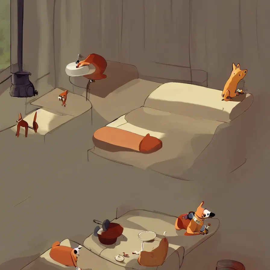 Prompt: Goro Fujita illustrating A dog on a sofa staring at the food dish under the window in the living room