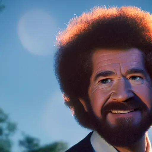 Prompt: a still of Bob Ross as Ironman. Magic Hour. Professional photography, 4K. Mood