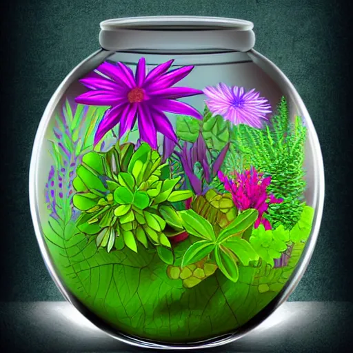 Image similar to a jar with a variety of beautiful plants inside, digital art, awards winning