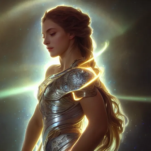 Image similar to close up portrait of a beautiful fantasy female goddess wearing shiny silver armor, glowing hair, glowing light armor, subsurface scattering, ethereal, artistic, temple background with light rays, fantasy atmosphere. art by artgerm, greg rutkowski and alphonse mucha, 3 d artstation octane render,