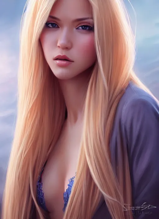 Image similar to picture of a gorgeous female with long blonde hair in the style of stefan kostic, realistic, full body shot, wide angle, sharp focus, 8 k high definition, insanely detailed, intricate, elegant, art by stanley lau and artgerm, floating embers