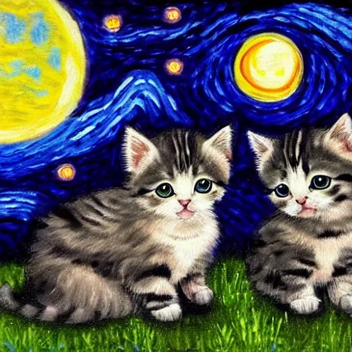 Prompt: kittens staring at the moon a starry night style