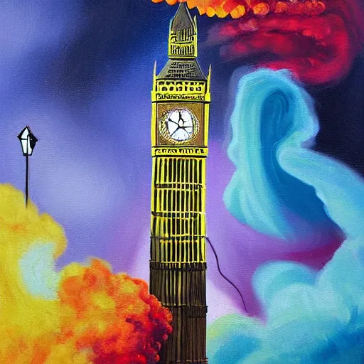 Image similar to dynamic painting of the Big Ben being blown up by a bomb, explosion, smoke, fire, made by Sylvain Sarrailh