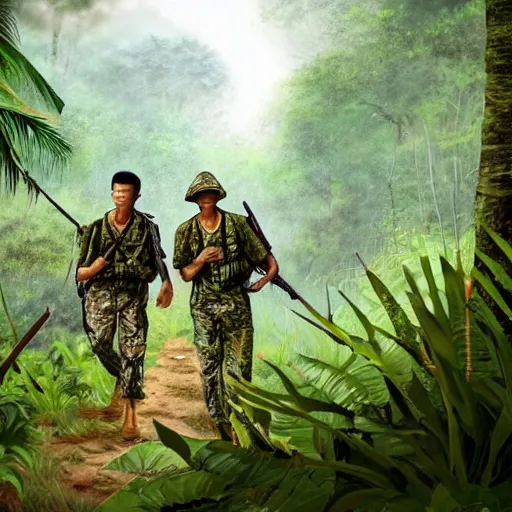 Prompt: Two Vietcong soldiers walking through the jungle on a patrol, Vietnam War, jungle, hyper realistic, super detailed, HDR, 4k, tense