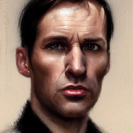 Image similar to Portrait of a man by Greg Rutkowski, he is about 40 years old, mixture between russian and irish, side parted combover brown hair, attractive, NARROW very very very very sharp face ANGULAR hawkish facial features, hooked nose , extremely pale white skin, smart looking, he is wearing a black trenchcoat, highly detailed portrait, scifi, digital painting, artstation, concept art, smooth, sharp foccus ilustration, Artstation HQ