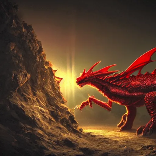 Image similar to photo of a large red scaly dragon sleeping on a giant pile of human bones in a dark dusty cave with a ray of light shining on it\'s face. Very detailed 8k. fantasy