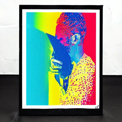 Prompt: “risograph weathered psychedelic design poster with dripping chrome”