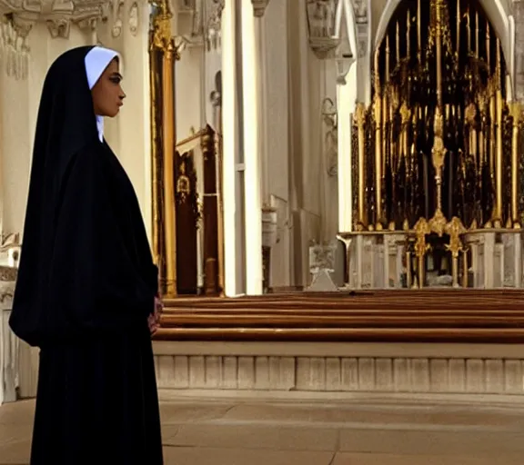 Image similar to a movie still of kim kardashian with a priest as a nun on the alter of a church.