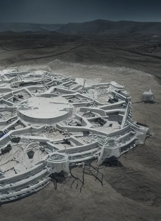 Image similar to bioremediation white architecture, in the mining tailings of chuquicamata, epic, cinematic, hyperealistic, high detailed, corona render, hdr, ray tracing