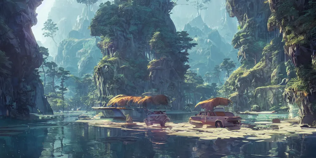 Image similar to a gleaming crystal archipelago in gta v, stephen bliss, unreal engine, illustration, fantasy art by greg rutkowski, loish, rhads, ferdinand knab, makoto shinkai and lois van baarle, ilya kuvshinov, rossdraws, tom bagshaw, global illumination, radiant light, detailed and intricate environment