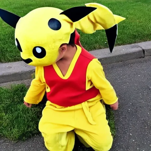 Prompt: a kid dressed up as pikachu zaps his dad