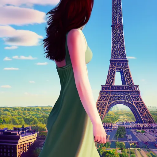 Prompt: A young beautiful giantess wearing a sundress standing near the Eifel tower, beautiful lighting,digital art , highly detailed , high contrast, beautiful lighting, award winning , trending on art station, 8k, photorealistic,unreal engine 5