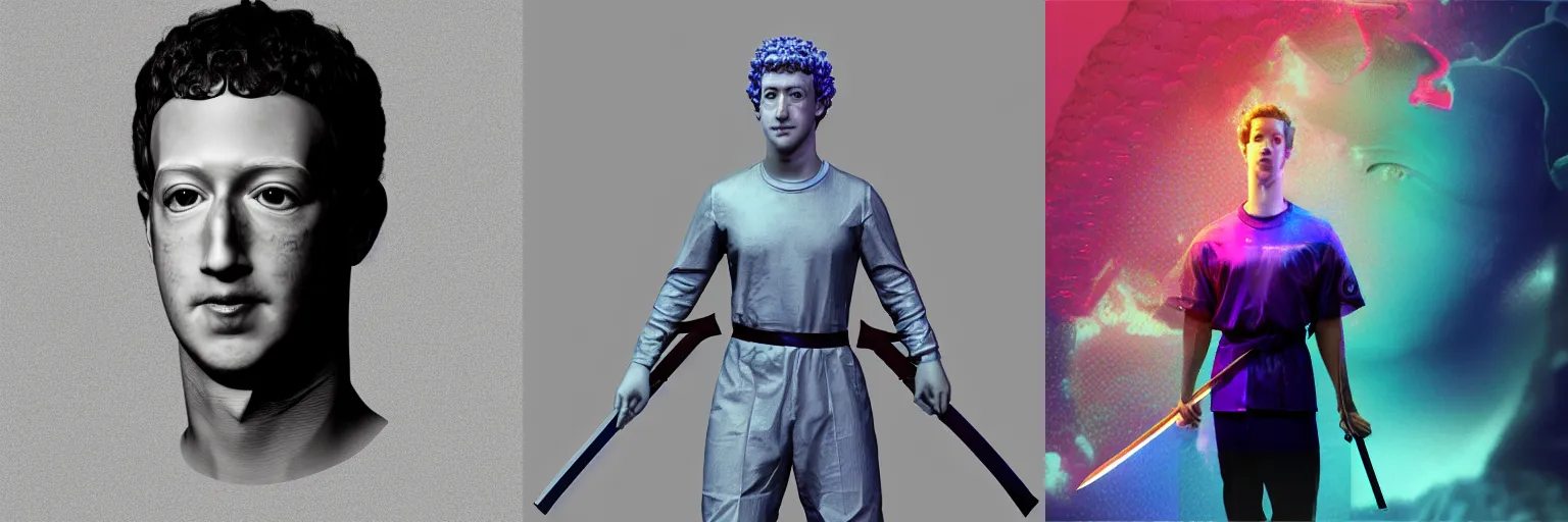 Prompt: Realistic vaporwave Mark Zuckerberg wielding a katana sword, UHD, photorealistic, trending on artstation