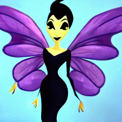 Prompt: fairy with wings, similar to maleficent, cartoon style