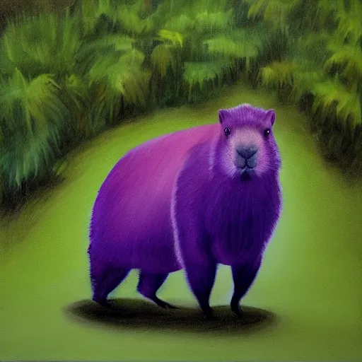 Prompt: painting of a capybara with a purple wig