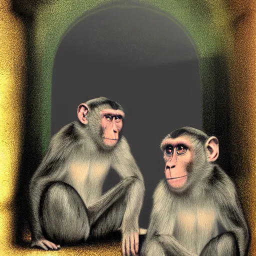 Prompt: two macaques looking at each other inside victorian mansion, digital art, soft shadows, creepy art, flare effect