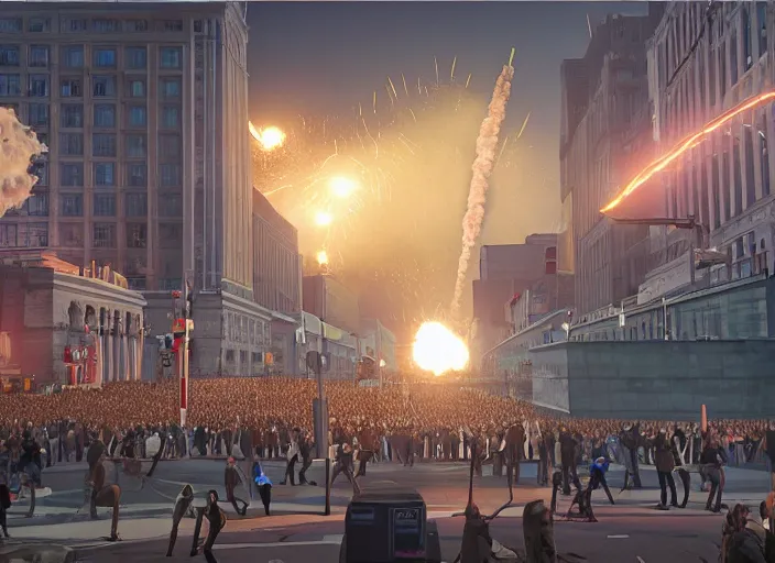 Prompt: crowd of working citizens protests while missles and bombs explode in the city, DSLR 35mm, by Edward Hopper and Dan Mumford and WLOP and Aleksandr Aleksandrovich Deyneka and Andrei Andreyevich Popov, Unreal Engine 5, Lumen, Nanite