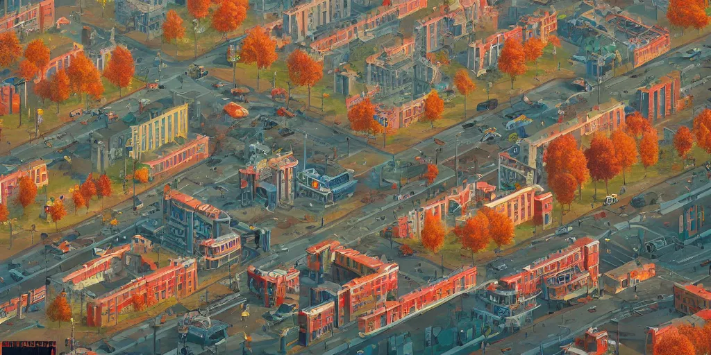 Image similar to retrofuturistic autumn post soviet city in style of Simon Stalenhag