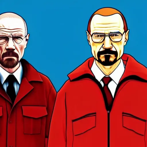 Prompt: walter white and vladimir putin in the style of a gta loading screen