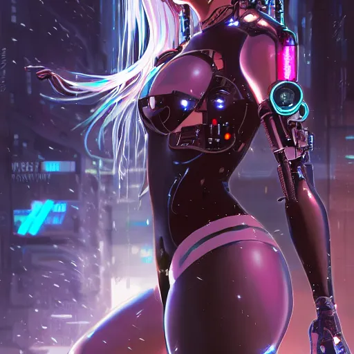 Image similar to beautiful cyborg girl!!!, rainfall!!, water refractions!!, black long hair!, colorful reflective eyes, full round face!, biomechanical details, digital cyberpunk anime!! art, full body!!!, mid - shot, reflections, wlop, ilya kuvshinov, artgerm