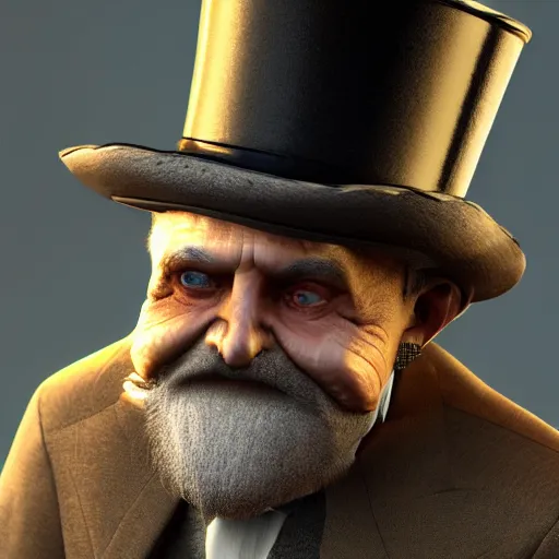 Image similar to an old man that has a face wearing a suit and top hat in a medieval village, D&D, high detail, trending on artstation, 4k photorealistic, volumetric lighting, HD