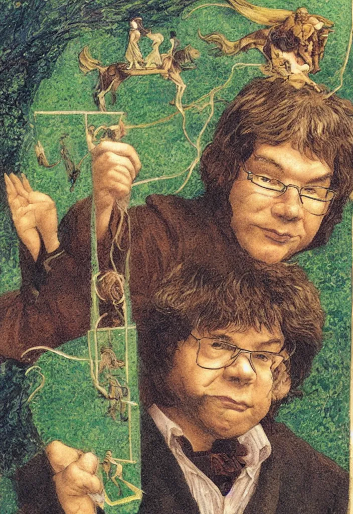 Image similar to Yann LeCun smiling on the Rider–Waite tarot. Illustration by preraphaelists.