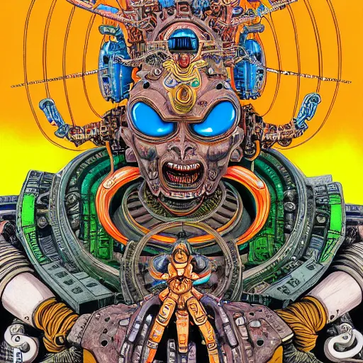 Image similar to detailed intricate color manga illustration of a Hindu god with a halo as an evil cyborg alien robot with lots of arms and weapons, cyberpunk, sistine chapel, davinci, religion, Hindu, vishnu, akira, dystopian, sci-fi, geof darrow, transmetropolitan, ronin