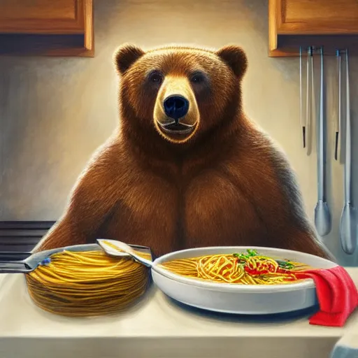 Image similar to of a bear cooking spaghetti while staring directly at the camera, wearing a cooking vest, realistic, painting, art museum, very detailed, hd, 4k, 8k, golden hour,