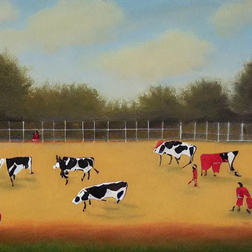 Prompt: painting of soccer game played by cows