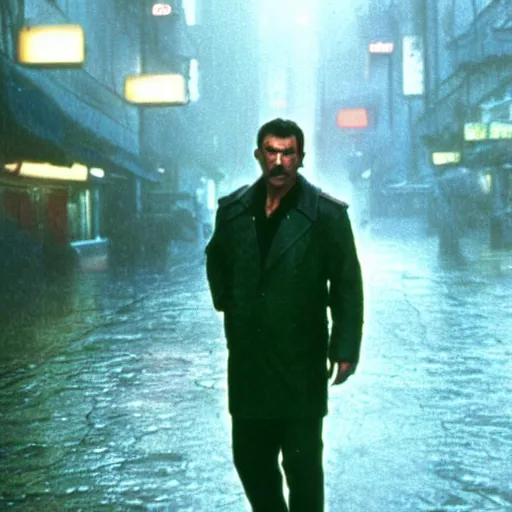 Prompt: Tom Selleck in Blade Runner, standing on a rainy street in a Blade Runner Style city