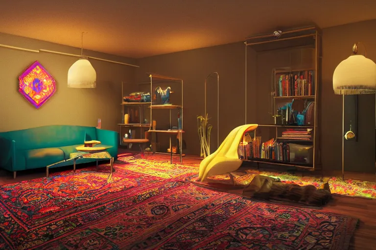 Image similar to interior of a 6 0 s hippie lounge, water pipes, lava lamps, ambient light, persian carpets, pillows, realistic, highly detailed, unreal engine, octane render,