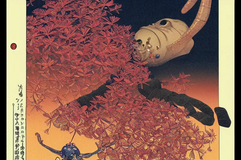 Prompt: gigantic mechanical dragonfly head human faces catch tiny frogs, a lot of exotic flowers around, human tears everywhere, risograph by kawase hasui, dirtyrobot, edward hopper, satoshi kon and moebius, colorful flat surreal design, super - detailed, a lot of tiny details, fullshot, grainy