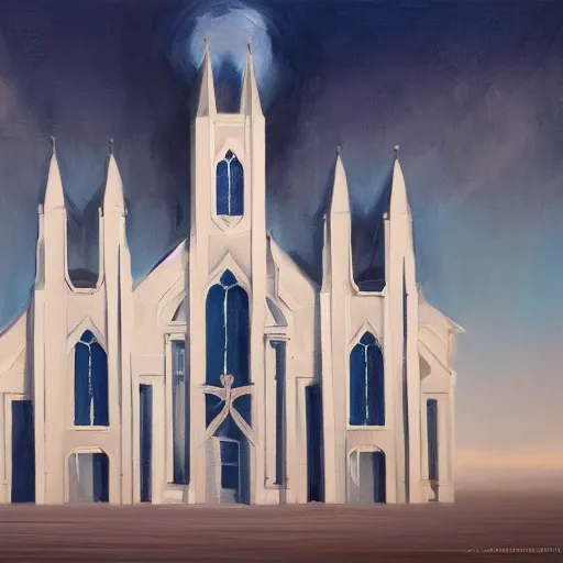 Prompt: a symmetrical cult church, oil painting, pale colors, high detail, 8 k, wide angle, trending on artstation,