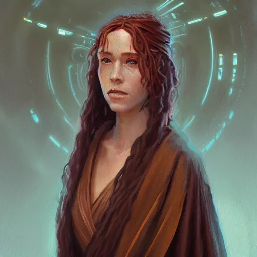 Image similar to portrait of a woman by greg rutkowski, jedi knight jade skywalker, wavy copper hair, jedi robes, star wars expanded universe, she is about 2 0 years old, wearing jedi robes, highly detailed portrait, digital painting, artstation, concept art, smooth, sharp foccus ilustration, artstation hq