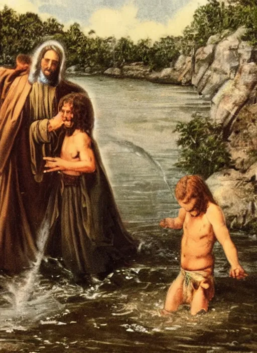 Prompt: old photo of Jesus baptizing Satan in the river