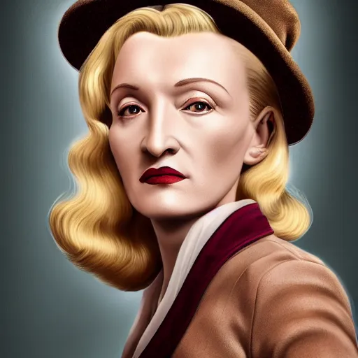 Image similar to A Hearts of Iron IV portrait of a blonde German actress who looks like Marlene Dietrich. Highly detailed, fine Art, high detail, great lighting, 8k resolution, masterpiece, concept art, illustration, clear eyes, painting oil on canvas, octane render, HDR, trending on artstation, 4k, 8k, HD