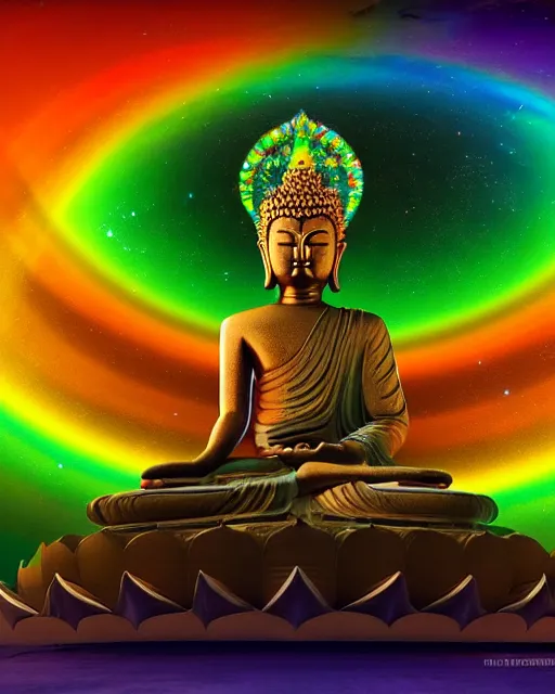 Image similar to the most beautiful star system with large brightly coloared planets, inside of an expansive cave, green tara buddha with a crown of rainbow clouds, coherent design, symmetrical, vivid color, complementary color, golden ratio, detailed, sharp lines, intricate, rainbowshift, by in unreal engine, nvidia, octane render