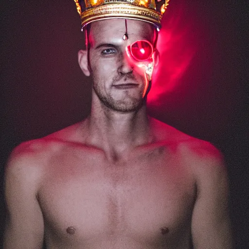 Image similar to man with a crown, smirk, photograph, black backgrounds, glowing red eyes, cyberpunk