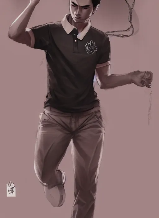 Image similar to a highly detailed illustration of fierce short black haired young half white half asian man wearing polo shirt, dramatic thinking pose, intricate, elegant, highly detailed, centered, digital painting, artstation, concept art, smooth, sharp focus, league of legends concept art, WLOP