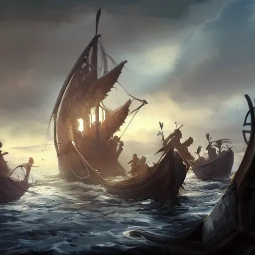 Image similar to vikings dismounting off their longship to invade a moderate sized village, dusk, cinematic, concept art, slight fog, high detail, wide shot, dynamic lighting, sharp focus, high resolution