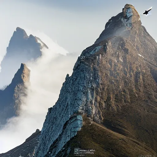 Image similar to a giant roc, with bright plumage soaring over mountains covered in mist, wildlife photography, 7 2 mm lens, national geographic award winning